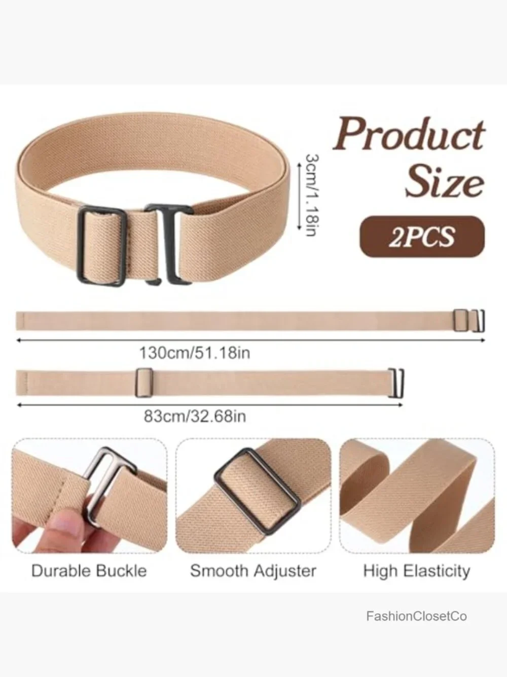 2Pcs Elastic Stretch Belt with Flat Buckle for Jeans Pants Dresses
